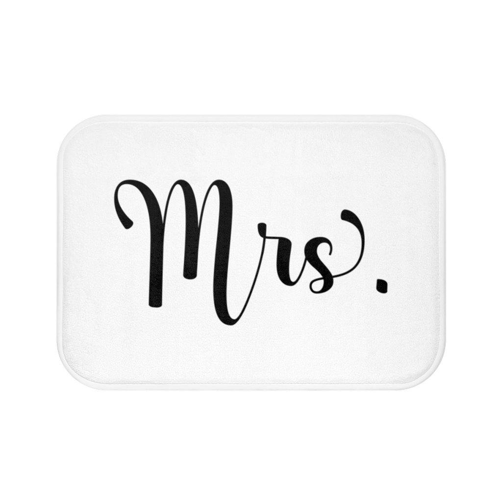 "Mrs." White Modern Minimalist Bath Mat | lovevisionkarma.com