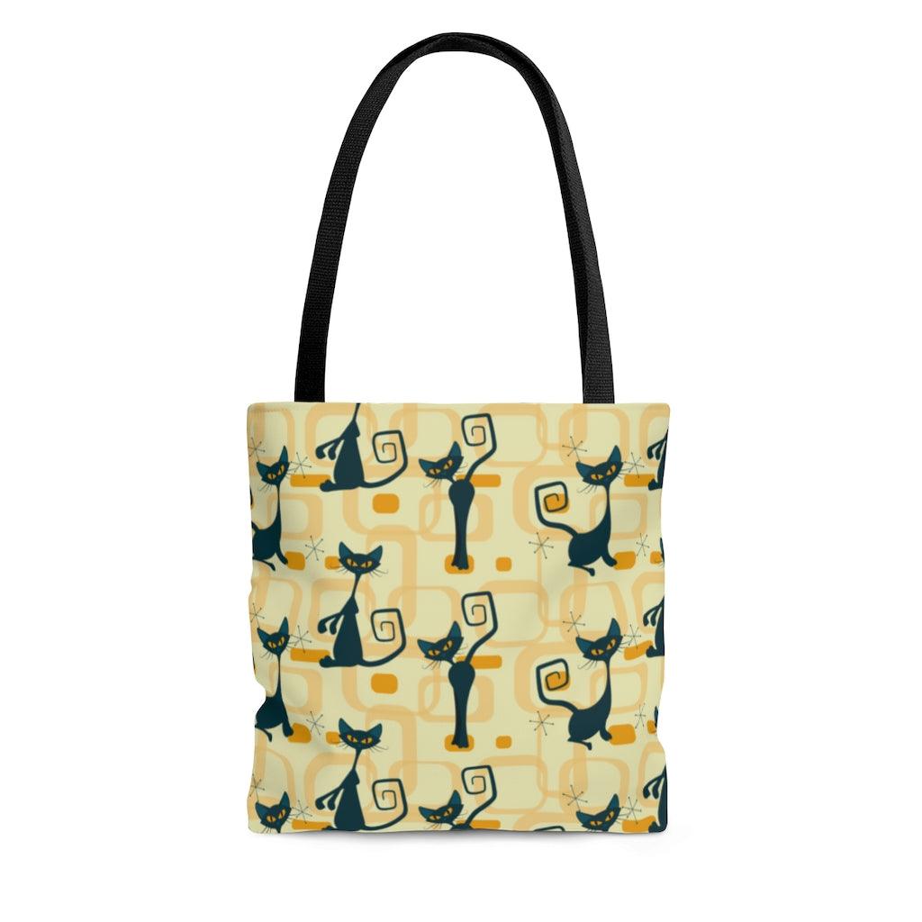Retro Atomic Cats MCM Yellow Tote Bag | lovevisionkarma.com