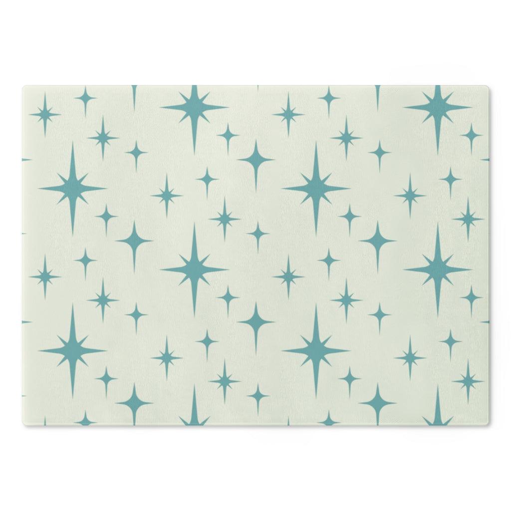 Mid Century Atomic Starburst Blue/Off-White Glass Cutting Board | lovevisionkarma.com