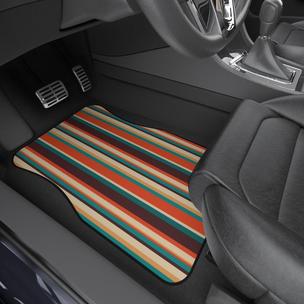 Retro 60s 70s Mid Century Stripes Brown, Orange & Blue Car Mats (Set of 4) | lovevisionkarma.com