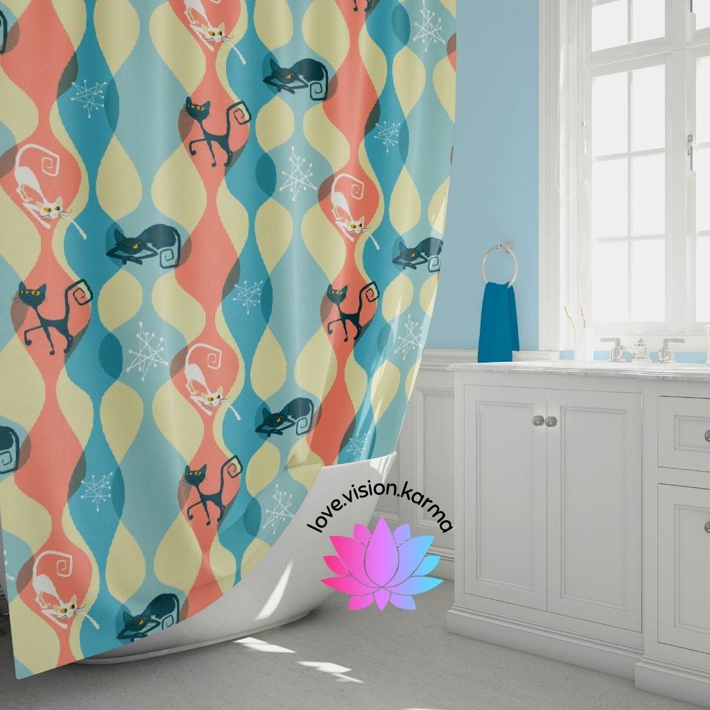 Retro Mid Century Atomic Cat Multicolor Shower Curtain | lovevisionkarma.com