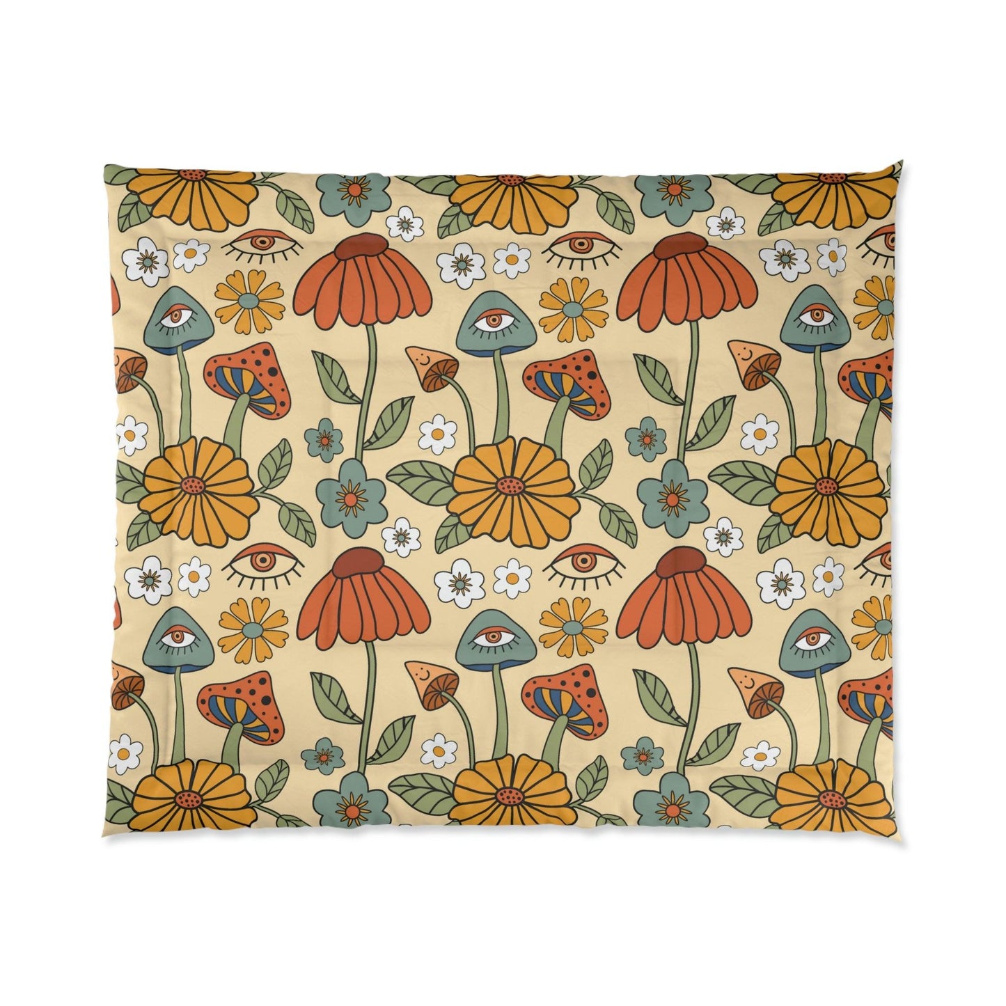 Boho Trippy Mushroom & Flowers Hippie Cottagecore MCM Comforter | lovevisionkarma.com