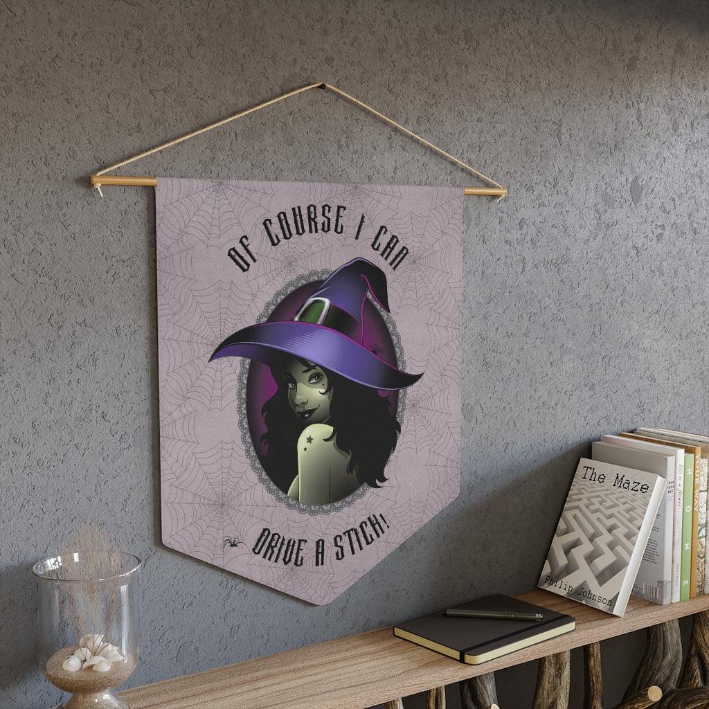 Glam Witch "Drive a Stick" Witchcore Gray Funny Halloween Wall Pennant | lovevisionkarma.com