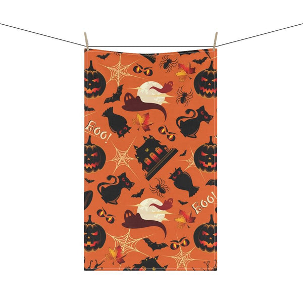 Halloween Black Cat, Bats & Ghost Orange Cotton Twill Kitchen Towel | lovevisionkarma.com