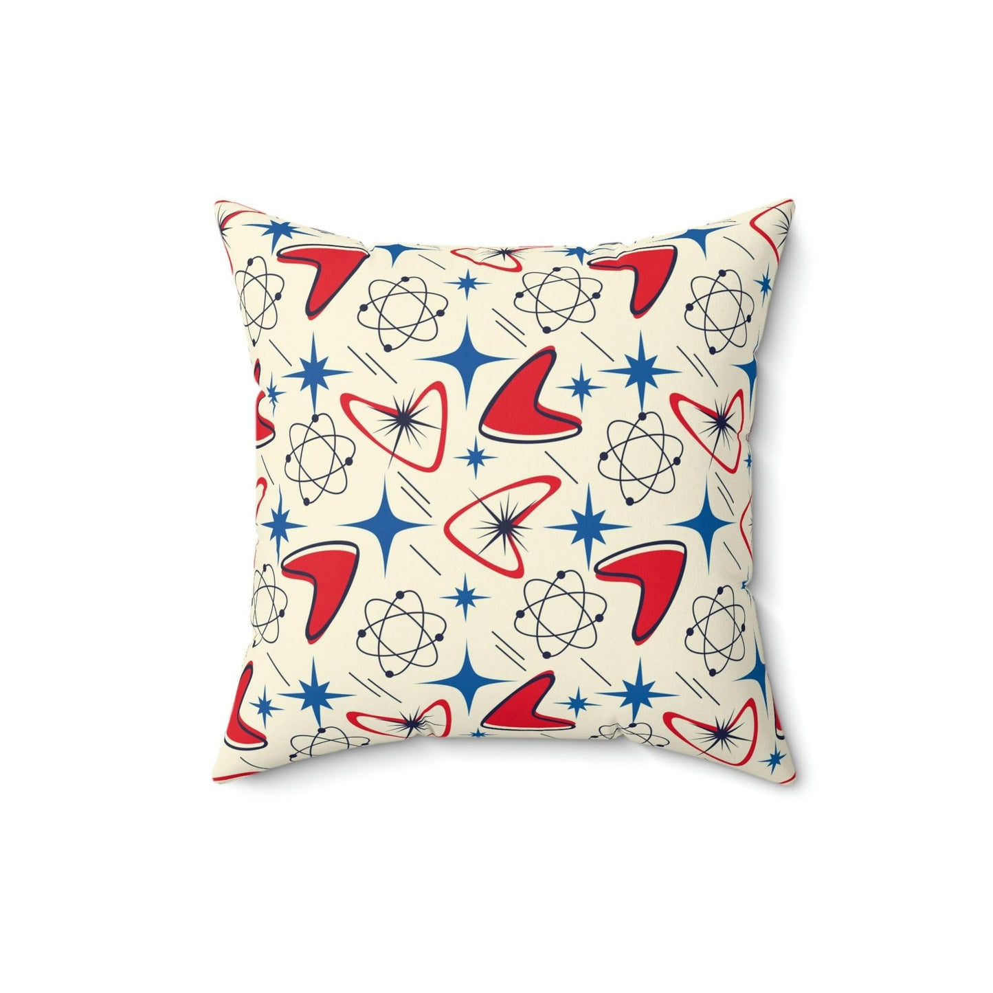 Retro 50s Atomic Boomerangs and Space Age Starburst Red, Blue and Cream MCM Throw Pillow | lovevisionkarma.com