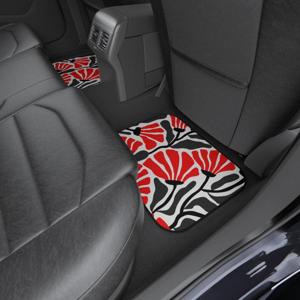 Groovy Abstract Flowers Retro MCM Red, White & Black Car Mats (Set of 4) | lovevisionkarma.com