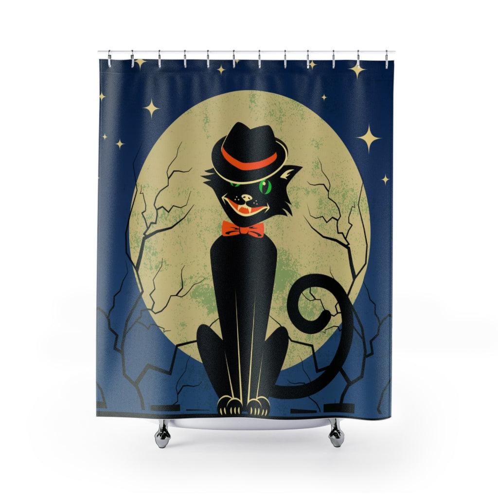 Atomic Black Cat Vintage Style MCM Halloween Shower Curtain | lovevisionkarma.com