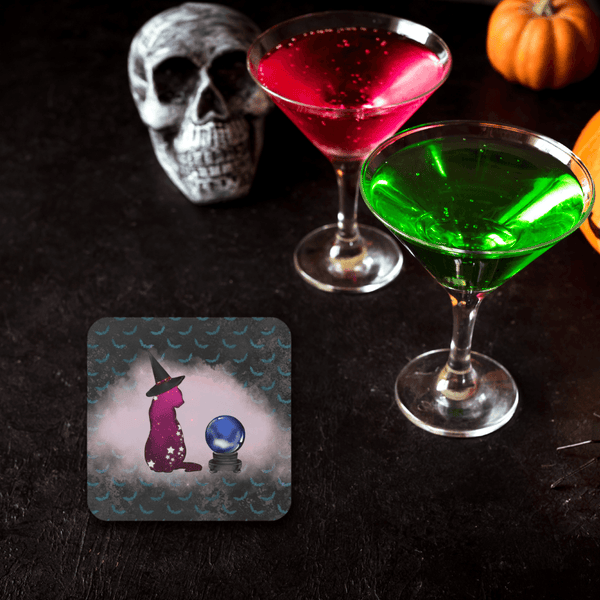 Halloween Coaster Set - Cosmic Witch Cat & Crystal Ball Glam Goth Decor | lovevisionkarma.com