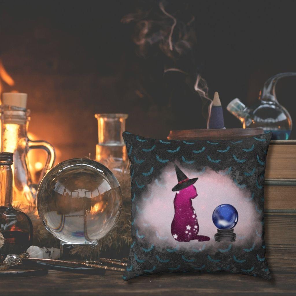Cosmic Witch Cat & Crystal Ball in Mist Halloween Pillow Goth Glam | lovevisionkarma.com