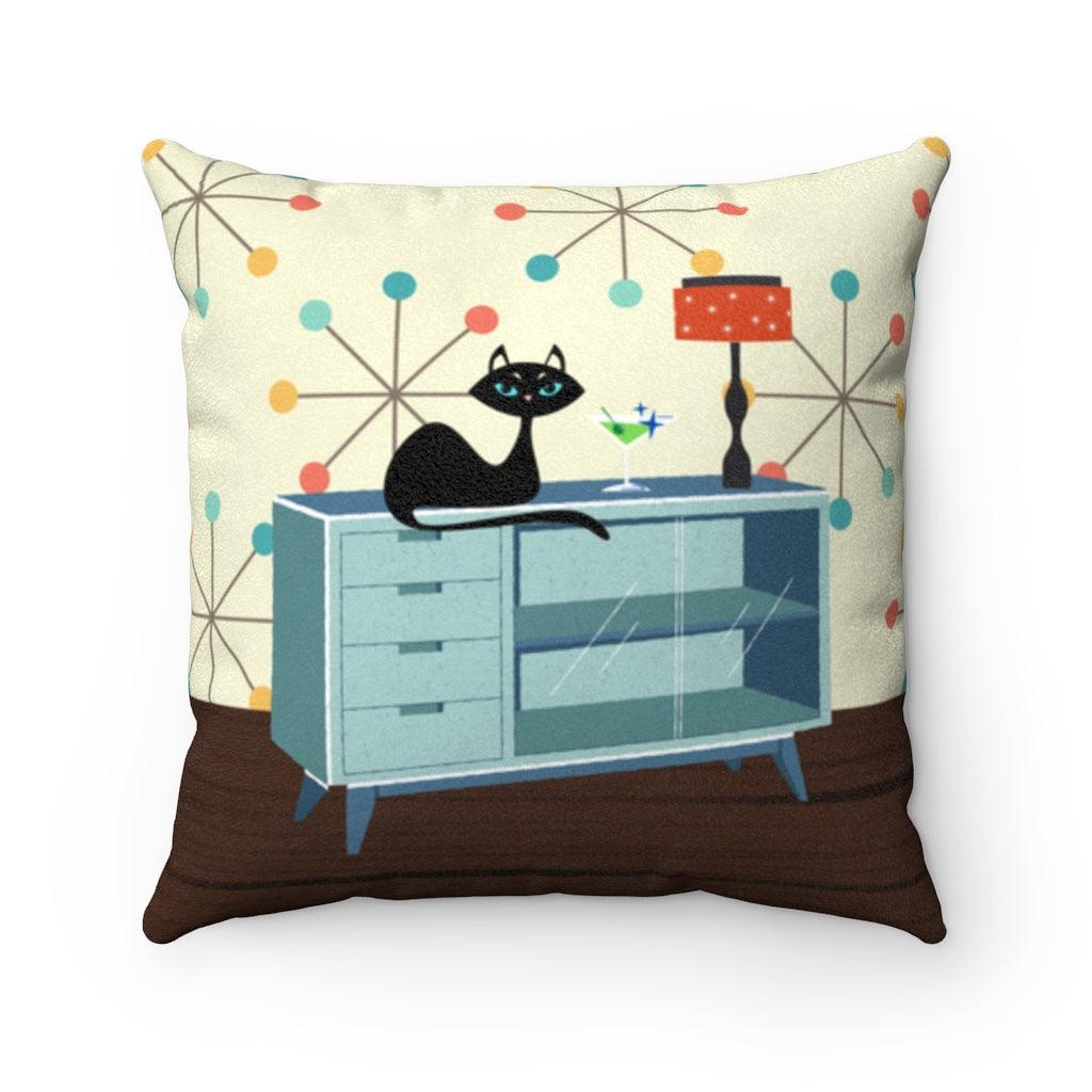 Retro Atomic Cat Lounging Multicolor MCM Pillow | lovevisionkarma.com