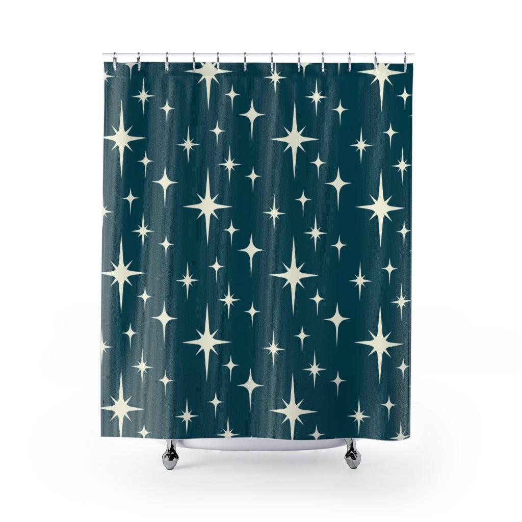 Retro Atomic Starburst Off-White and Blue MCM Shower Curtain | lovevisionkarma.com