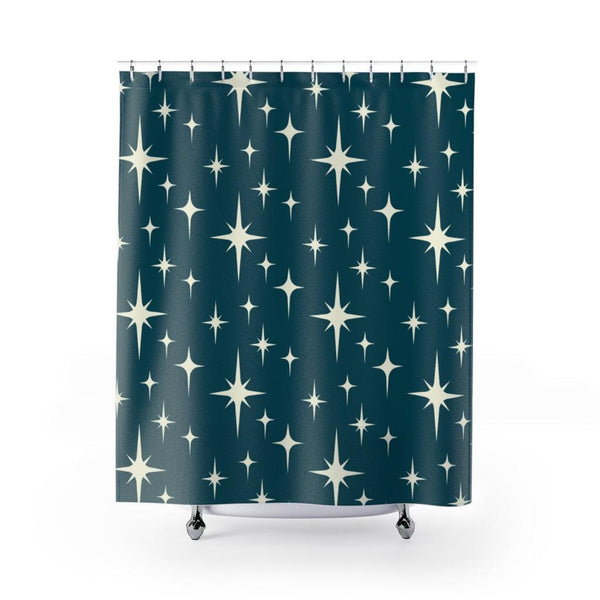 Retro Atomic Starburst Off-White and Blue MCM Shower Curtain | lovevisionkarma.com