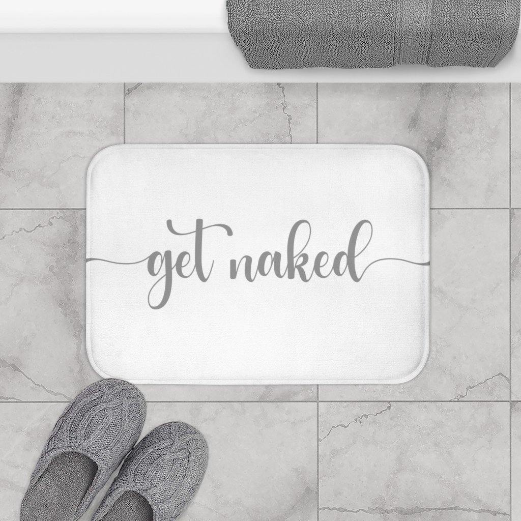 "Get Naked" White Funny Modern Minimalist Bath Mat | lovevisionkarma.com