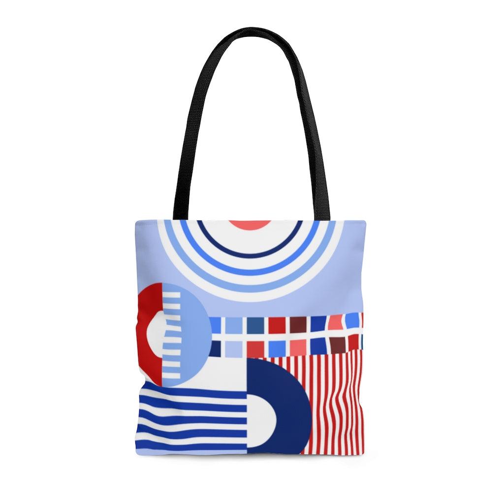 Retro Bauhaus Abstract Geometric Blue, Red and White Tote Bag | lovevisionkarma.com