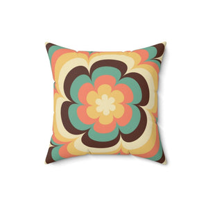 Retro 60s 70s Groovy Flower Brown, Yellow, Coral & Green Pillow | lovevisionkarma.com