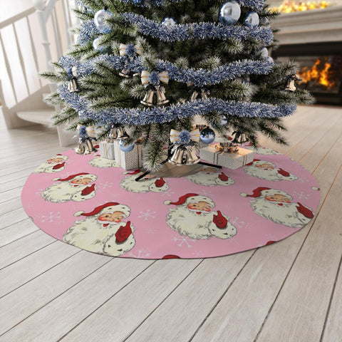 Vintage Style Winking Santa & Snowflakes Pink Christmas Tree Skirt | lovevisionkarma.com