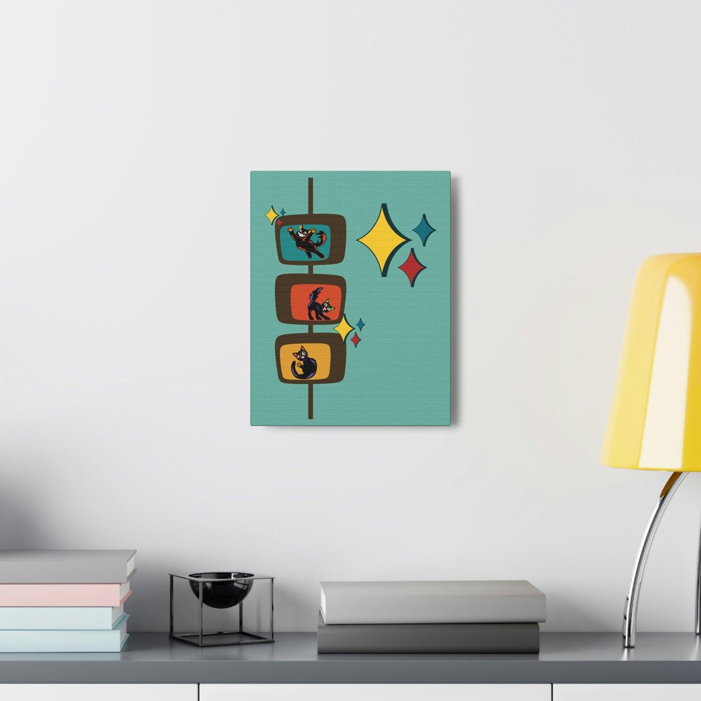 Kitschy Atomic Cats and Bursts Retro Mid Century Blue Canvas Gallery Wrap | lovevisionkarma.com