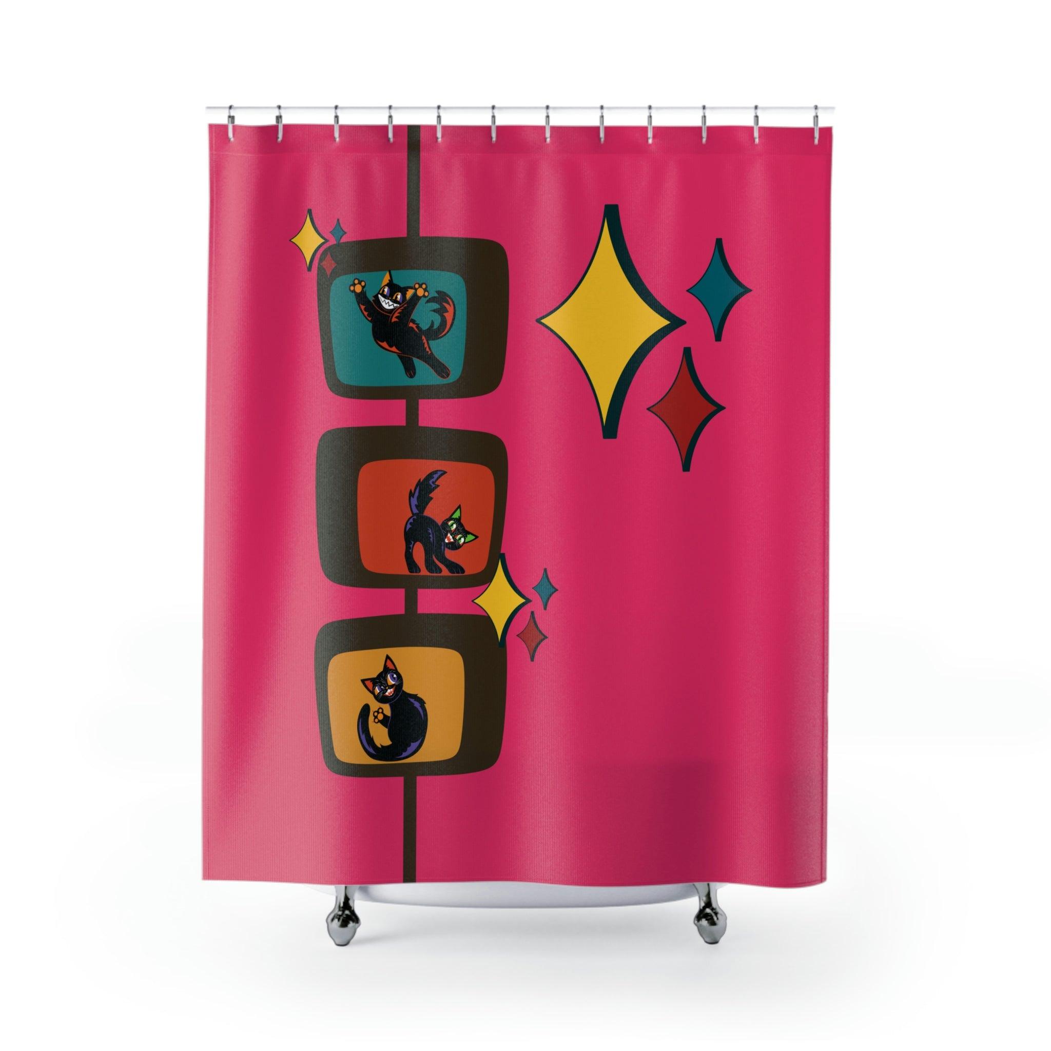 Retro Atomic Kitsch Cats Mid Century Mod Pink Shower Curtain | lovevisionkarma.com