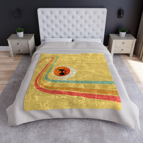 Retro Atomic Cat and Rainbow Wave Mid Century Mod Yellow Crushed Velvet Blanket | lovevisionkarma.com
