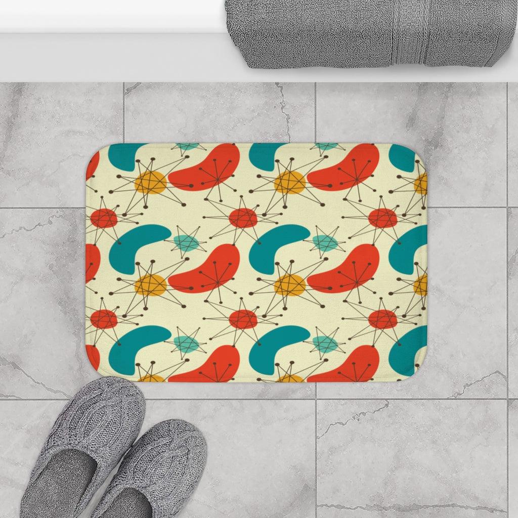 Retro Atomic Boomerang 50s 60s Mid Century Modern Blue & Orange Bath Mat | lovevisionkarma.com