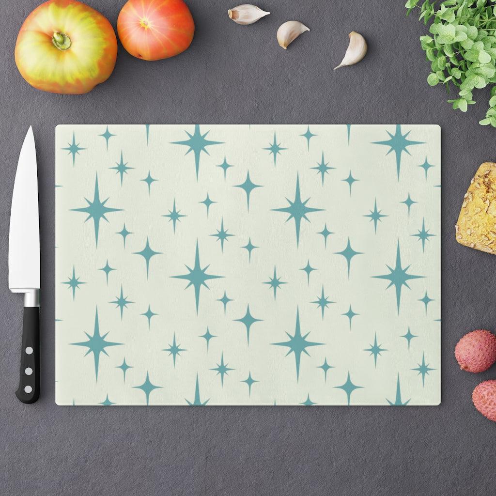 Mid Century Atomic Starburst Blue/Off-White Glass Cutting Board | lovevisionkarma.com