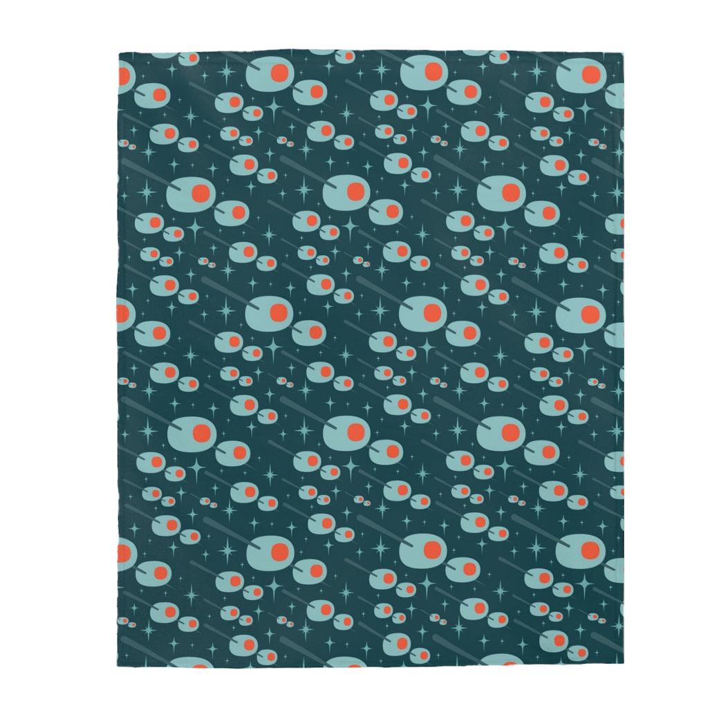 Retro 50's Atomic Martini Olives MCM Blue Velveteen Lightweight Blanket | lovevisionkarma.com