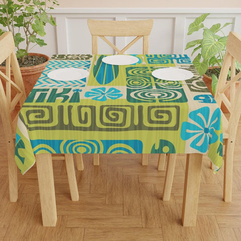 Retro Tiki Mid Century Mod Square Tablecloth in Green and Blue | lovevisionkarma.com