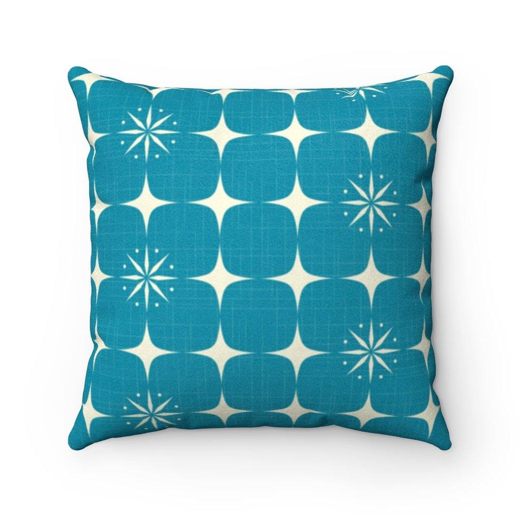 Retro Atomic Bursts and Squares Mid Century Modern Blue Pillow | lovevisionkarma.com