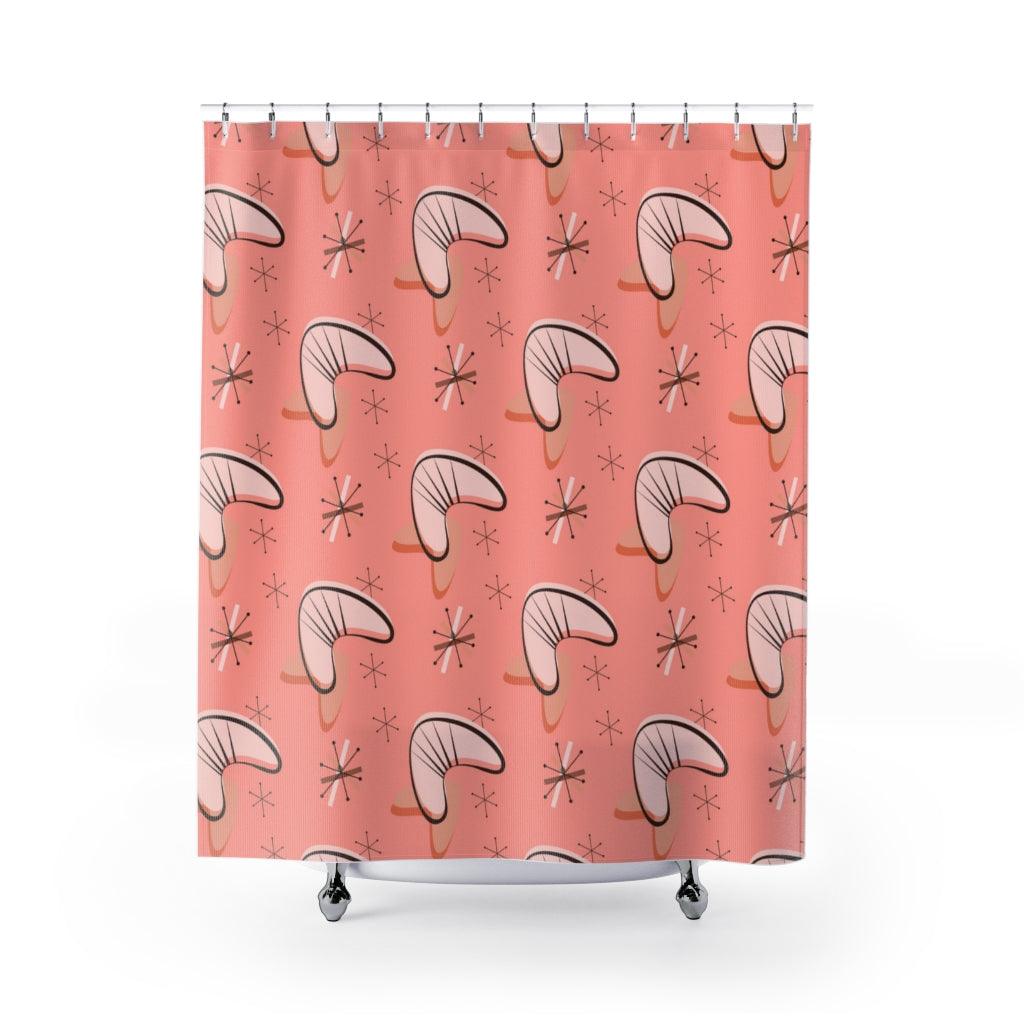 Retro Pink Atomic Starbursts and Boomerangs MCM Shower Curtain | lovevisionkarma.com