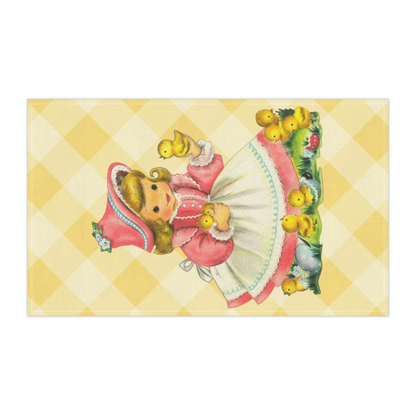 Vintage Easter Retro Girl With Baby Chicks MCM Yellow Kitchen Tea Towel | lovevisionkarma.com