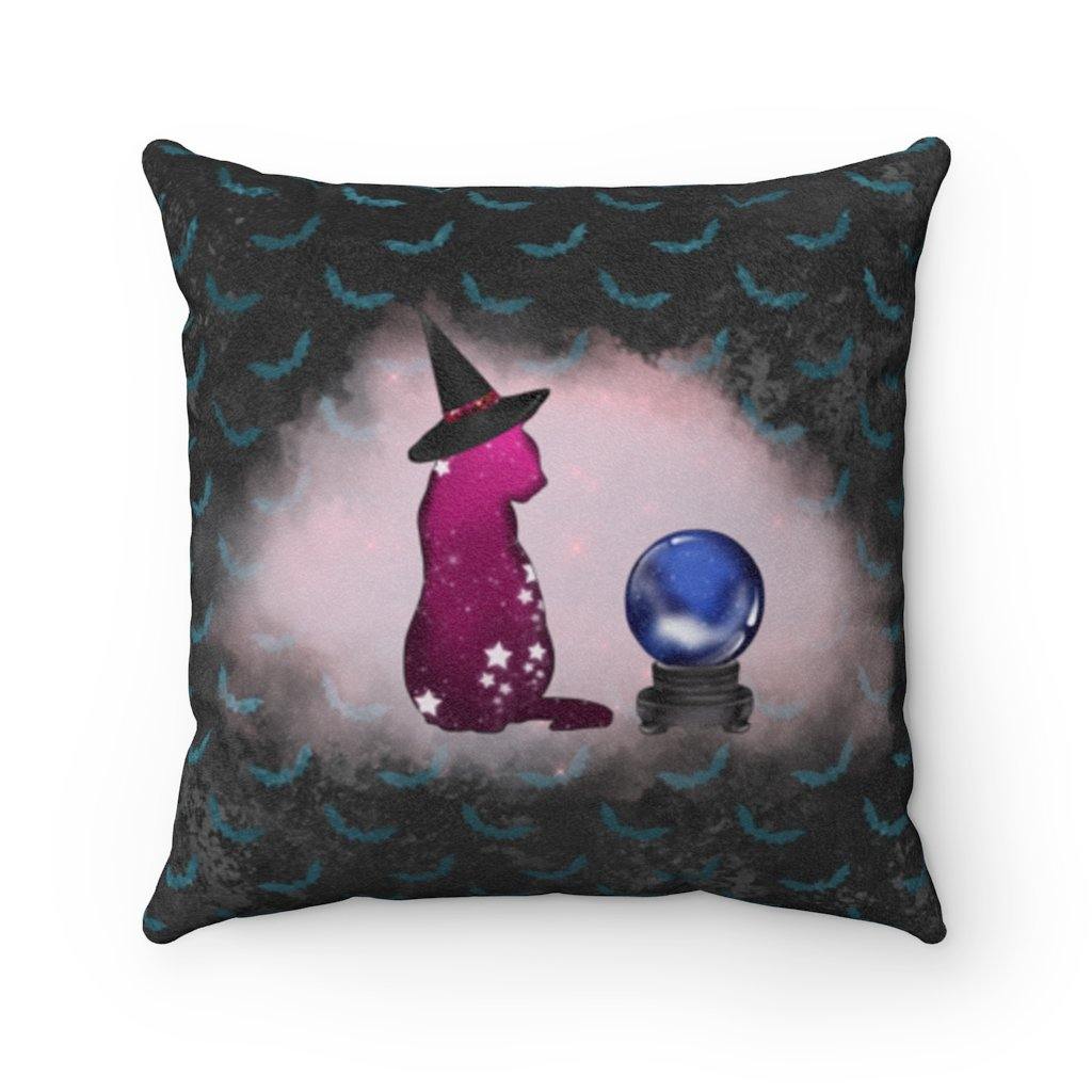 Cosmic Witch Cat & Crystal Ball in Mist Halloween Pillow Goth Glam | lovevisionkarma.com