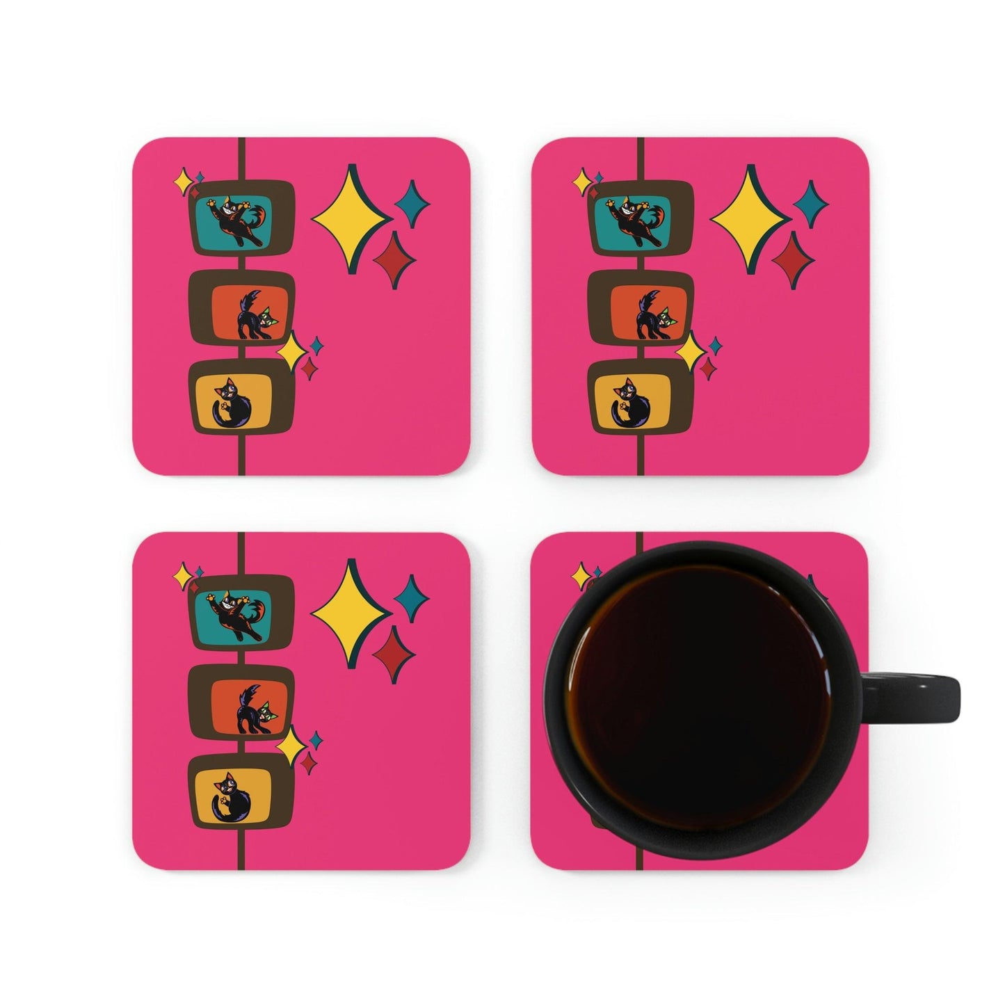 Retro Atomic Cats MCM Starburst Pink Coaster Set | lovevisionkarma.com