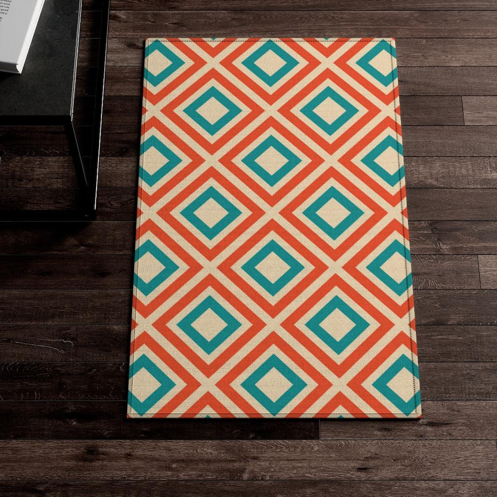 Retro MCM Geometric Orange, Blue and Cream Anti-Slip Rug | lovevisionkarma.com
