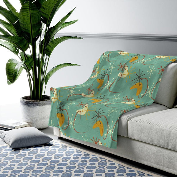 Atomic Burst and Boomerang MCM Blue and Mustard Lightweight Velveteen Blanket | lovevisionkarma.com