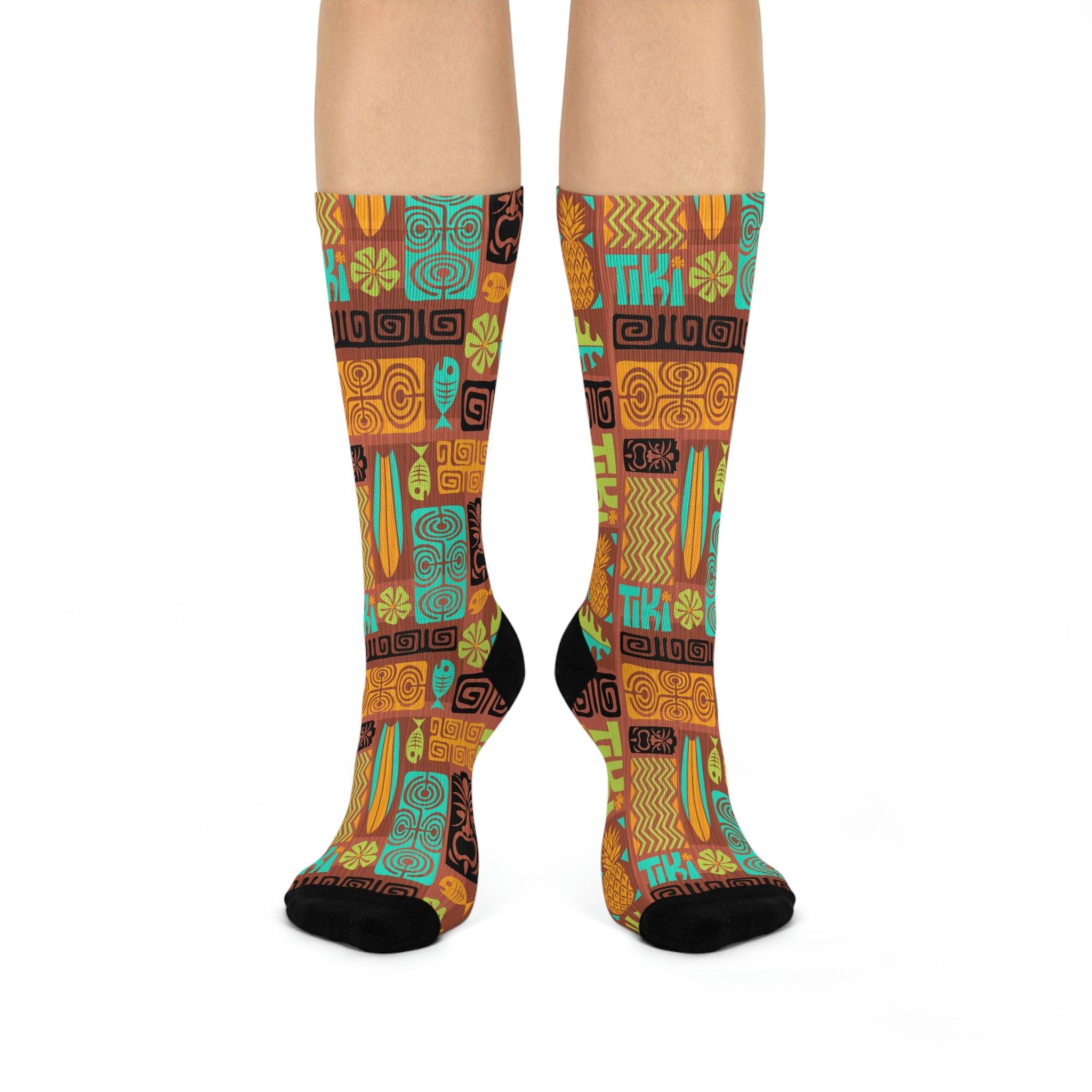 Tiki 60's Retro Mid Century Brown, Orange & Blue Cushioned Crew Unisex Socks | lovevisionkarma.com