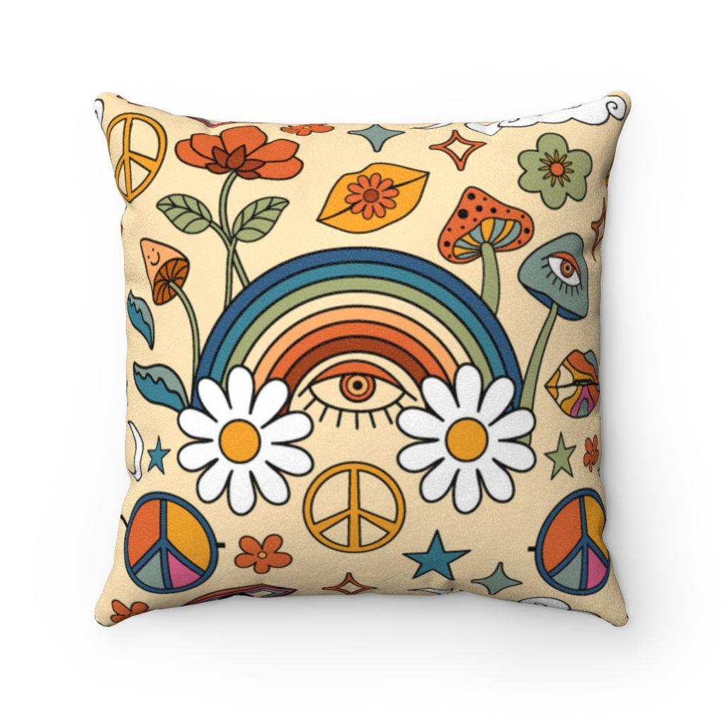 Boho Flowers, Trippy Mushroom Hippie Cottagecore Multicolor Pillow | lovevisionkarma.com