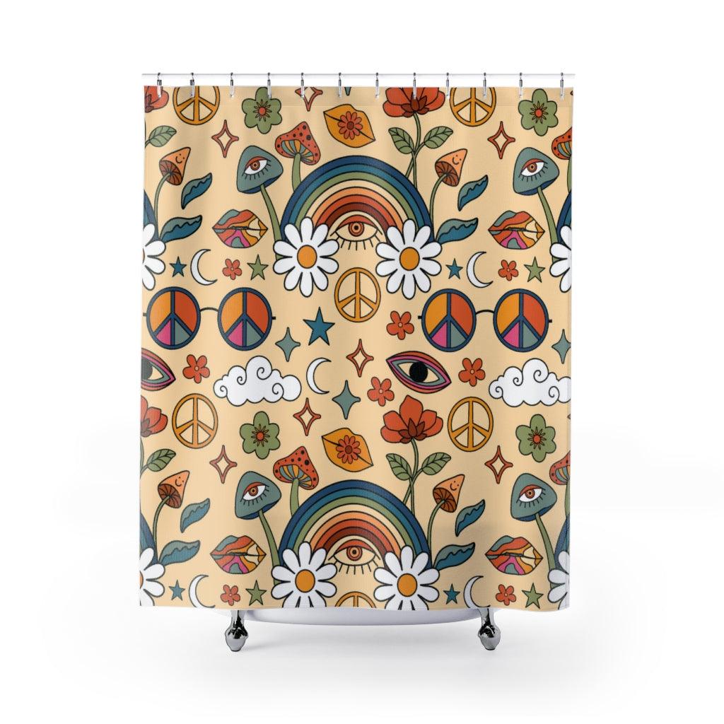 Groovy Boho 60s, 70s Rainbows, Mushrooms, Peace Sign Colorful Shower Curtain | lovevisionkarma.com