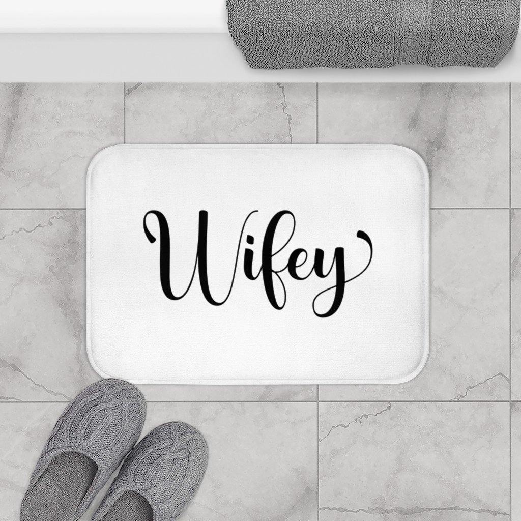 "Wifey" White Modern Minimalist Bath Mat | lovevisionkarma.com