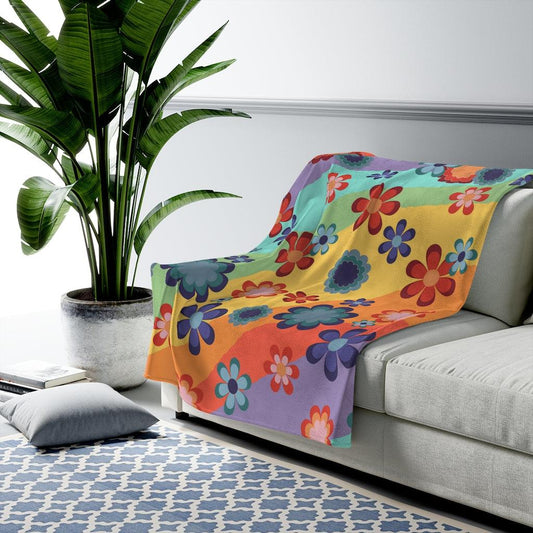 Groovy 60s 70s Flowers Colorful Mid Century Hippie Velveteen Lightweight Blanket | lovevisionkarma.com