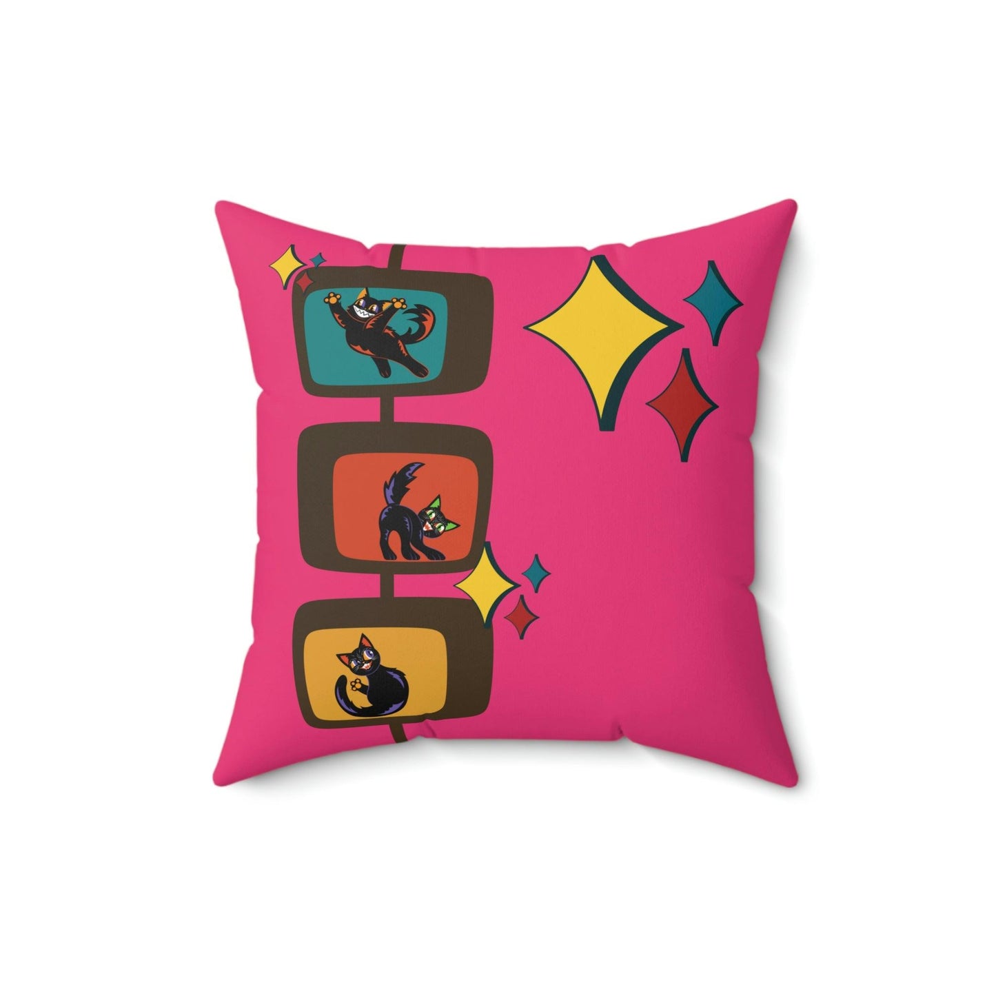 Retro Kitsch Cats Mid Century Atomic Burst Pink Pillow | lovevisionkarma.com