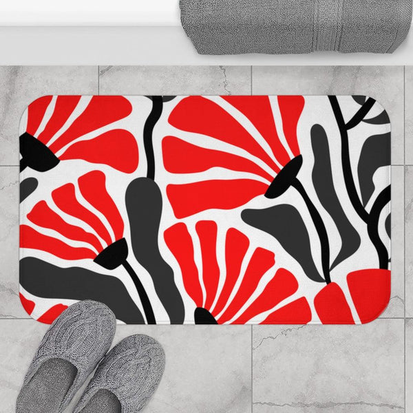 Groovy Abstract Flowers Red/Black/White/Gray MCM Bath Mat | lovevisionkarma.com
