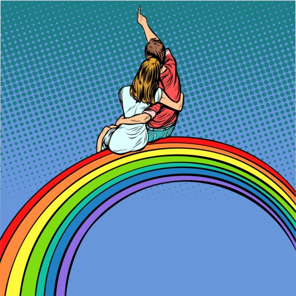 "Couple Sitting on Rainbow" Comic Pop Art Duvet Cover | lovevisionkarma.com