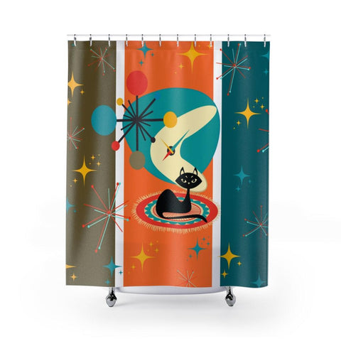 Atomic Burst and Retro Cat MCM Multicolor Shower Curtain | lovevisionkarma.com