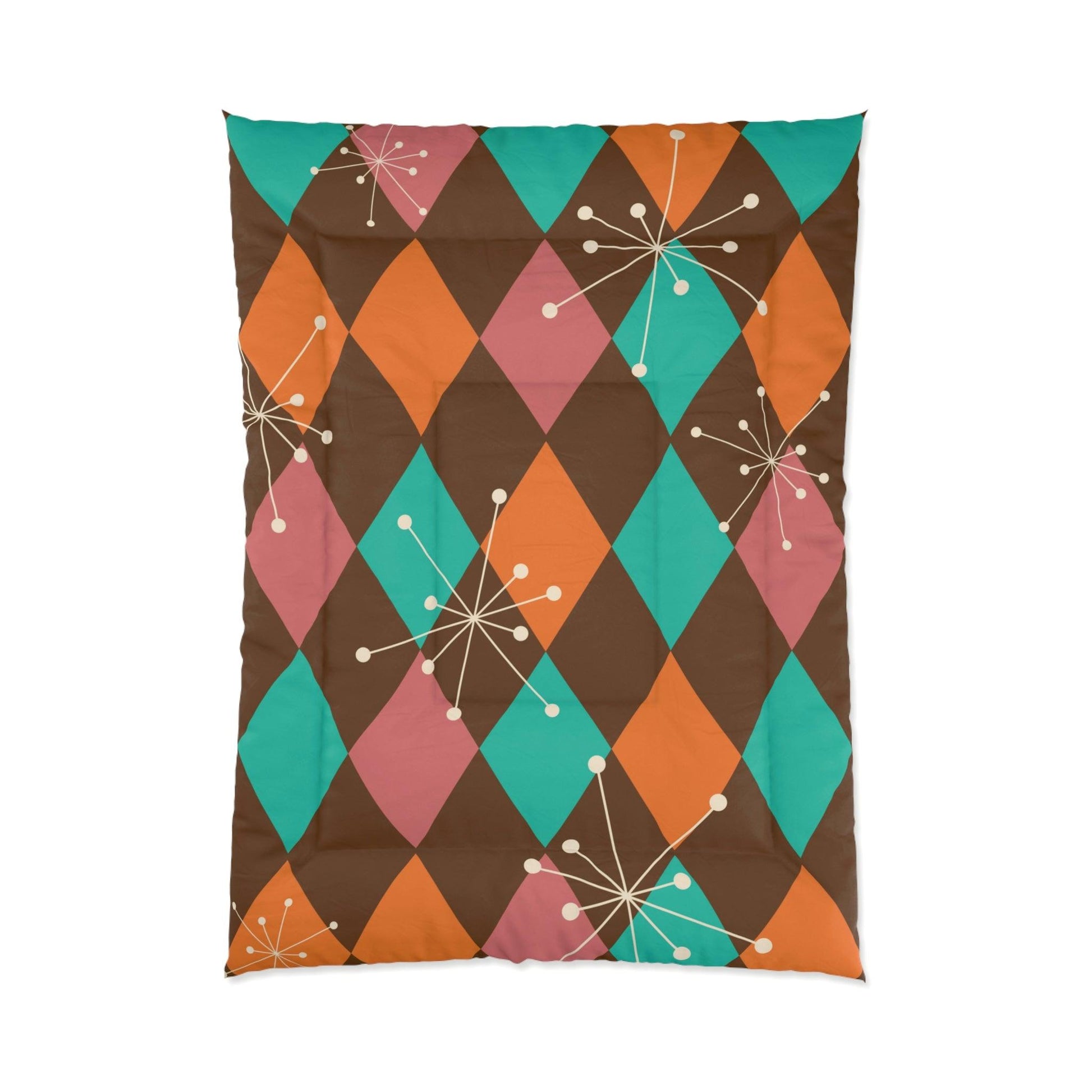 Retro Atomic Starburst Diamonds Mid Century Pink, Orange, Brown Comforter | lovevisionkarma.com