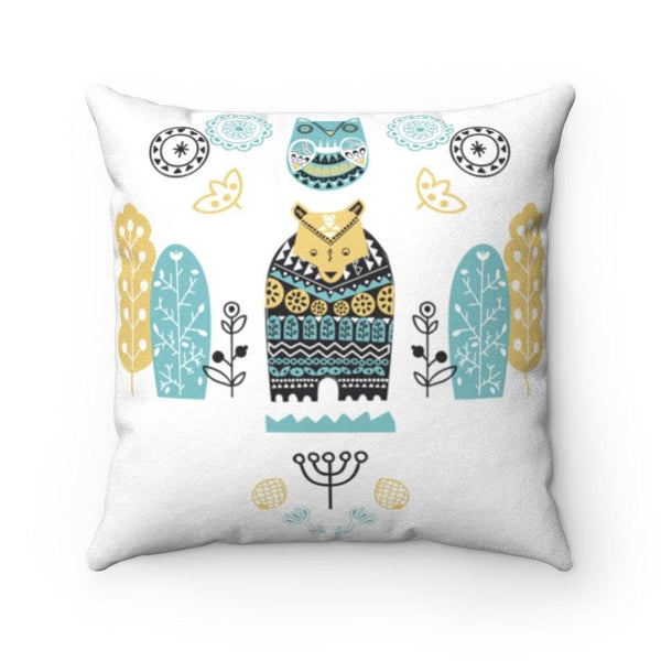 Scandinavian Nordic Folk Art Blue & Black Owl and Bear Pillow | lovevisionkarma.com