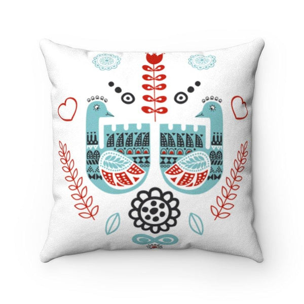 Scandinavian Nordic Folk Art Blue & Red Peacock Love Birds Pillow | lovevisionkarma.com