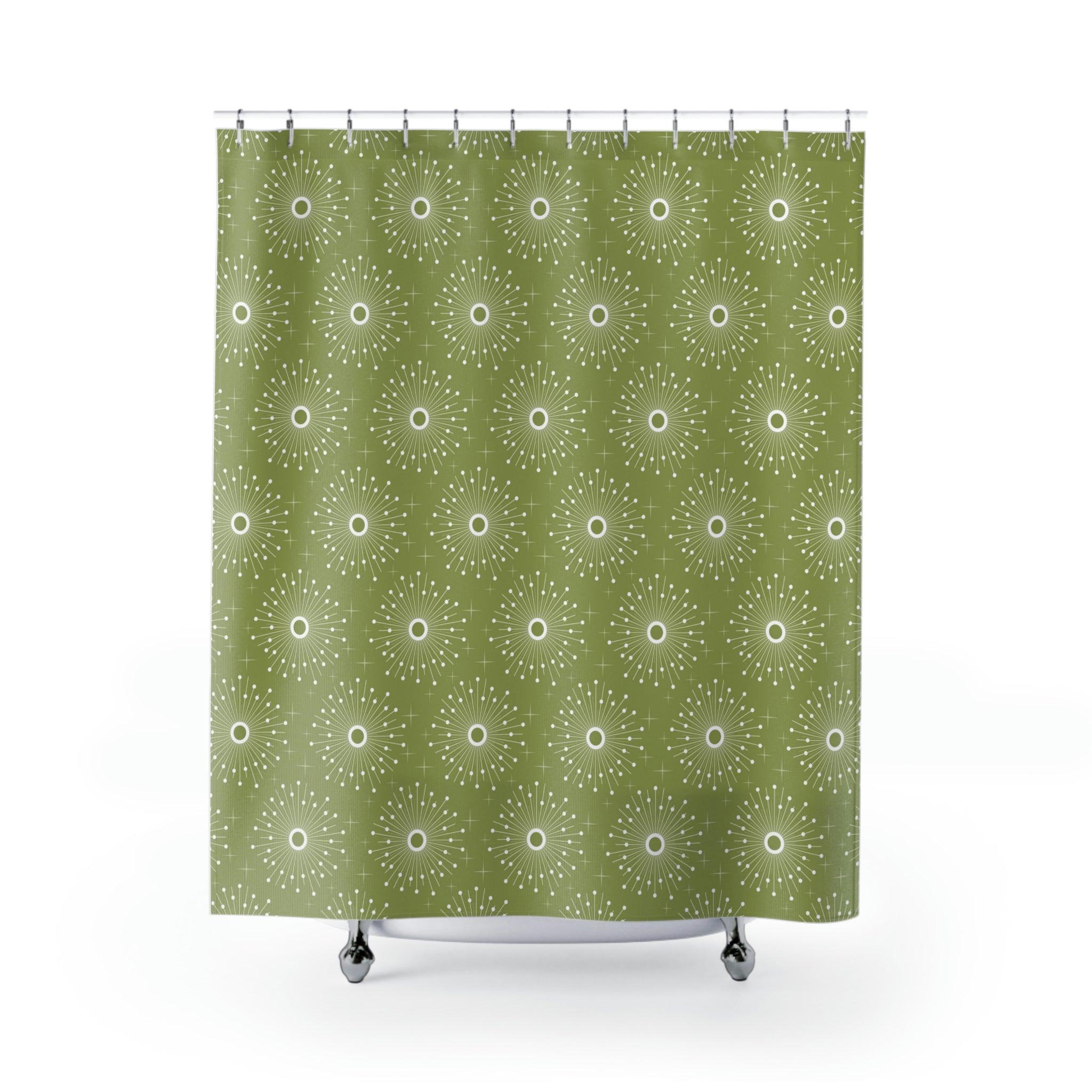Retro 50s Atomic Burst MCM Green Shower Curtain | lovevisionkarma.com