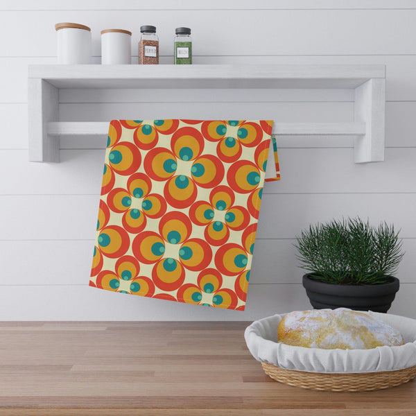 Retro 60s 70s Mid Century Mod Orange, Mustard & Teal Geo Kitchen Tea Towel | lovevisionkarma.com