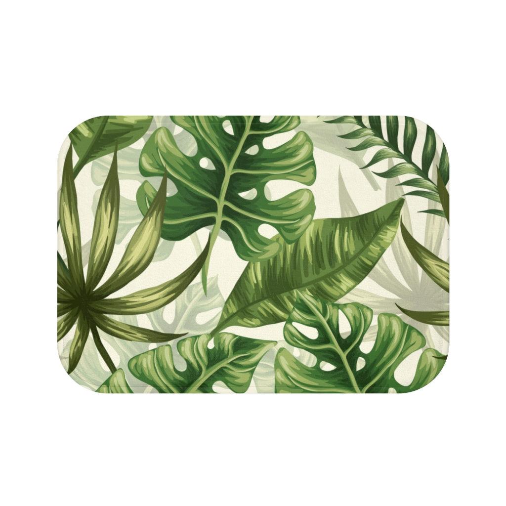 Vintage Monstera & Palm Leaf Tropical Bath Mat | lovevisionkarma.com