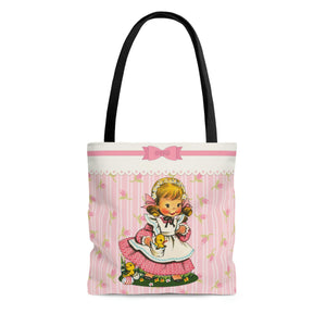 Vintage Kitsch Girl with Chicks MCM Easter Pink Tote Bag | lovevisionkarma.com
